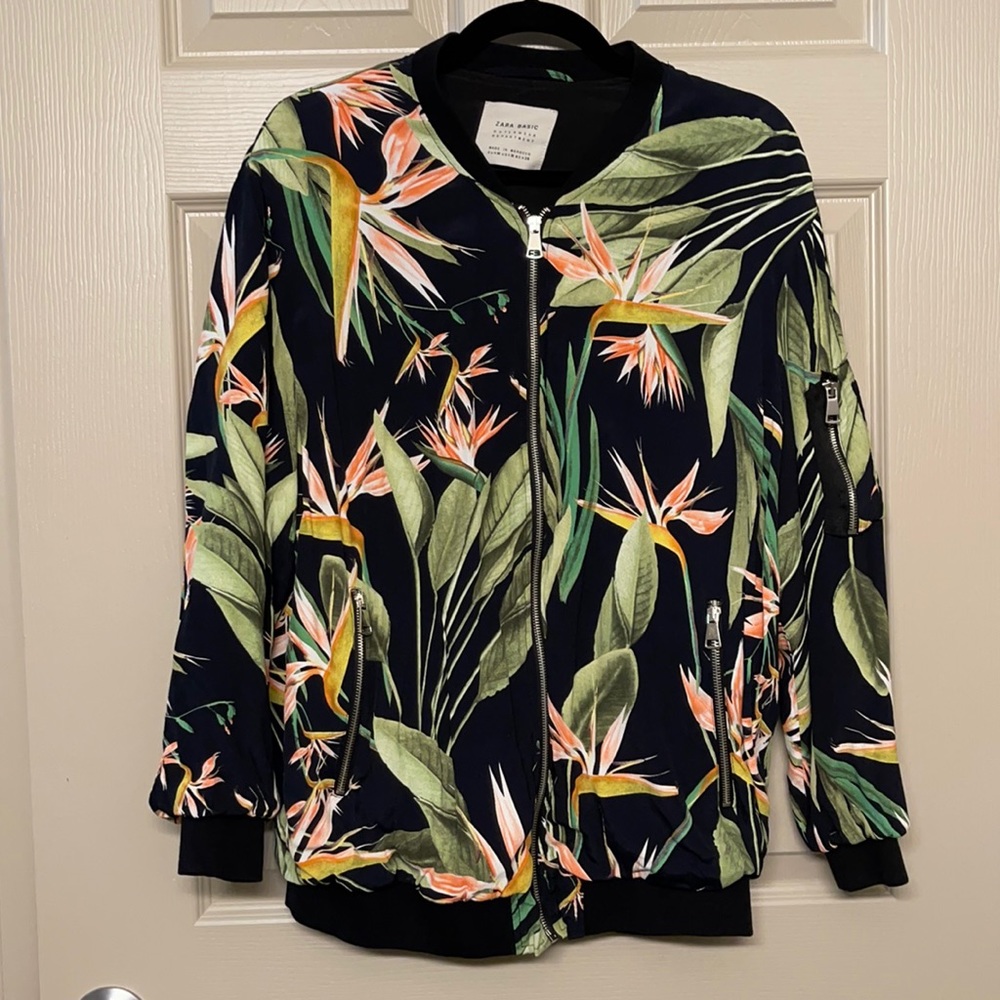 ZARA BASIC TROPICAL PRINT BOMBER JACKET OUTERWEAR